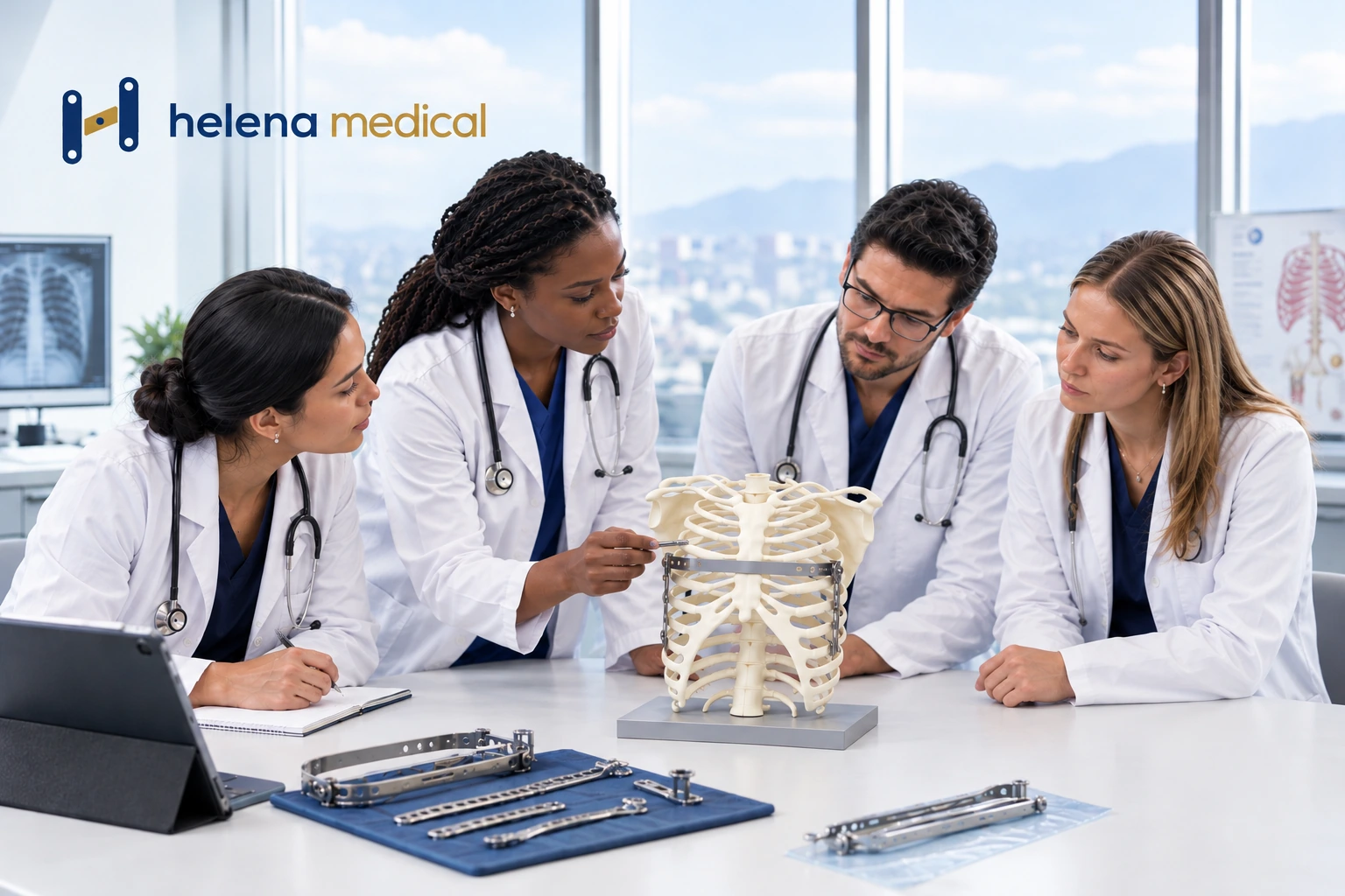 Equipo de especialistas analizando un modelo de tórax con el sistema para la corrección de pectus